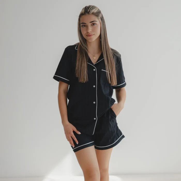Къса пижама черно райе